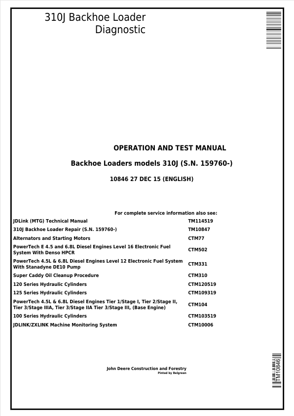 JOHN DEERE 310J BACKHOE LOADER DIAGNOSTIC OPERATION AND TEST MANUAL TM10846