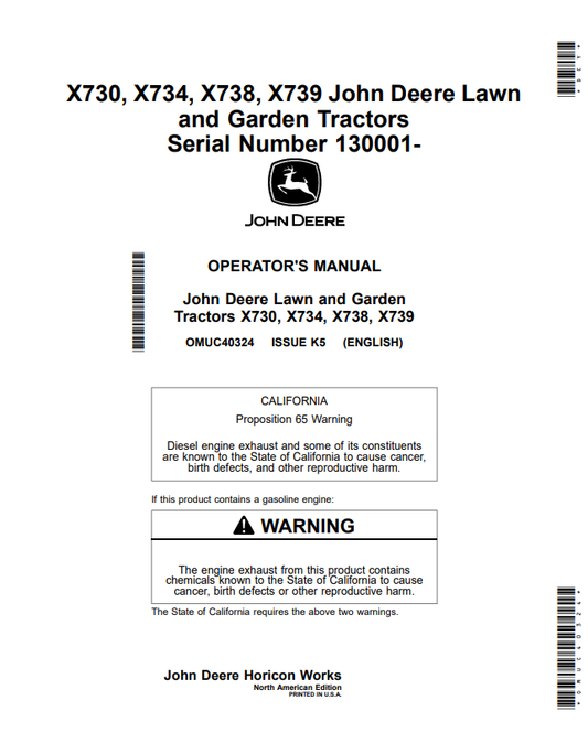 JOHN DEERE X730, X734, X738, X739 LAWN AND GARDEN TRACTOR OPERATOR MANUAL OMUC40324