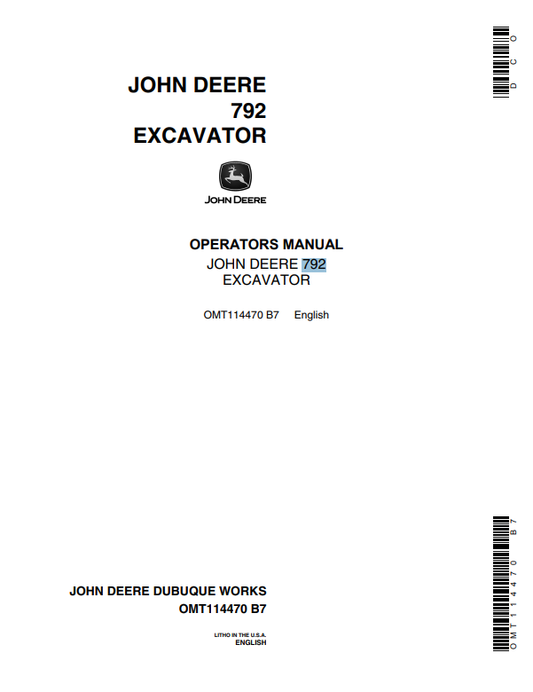 JOHN DEERE 792 EXCAVATOR OPERATOR MANUAL OMT114470