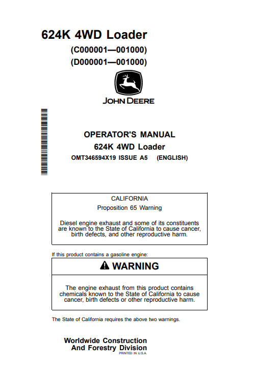 JOHN DEERE 624K 4WD LOADER OPERATOR MANUAL OMT346594X19