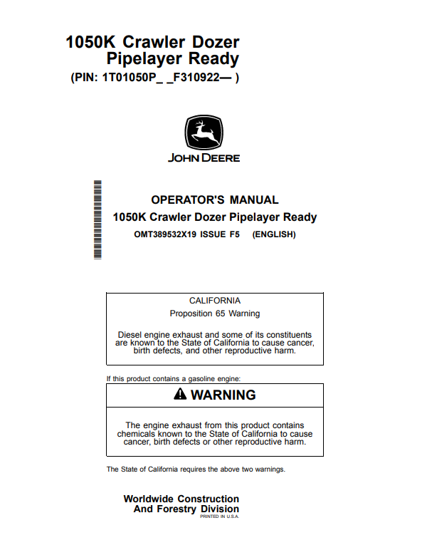 JOHN DEERE 1050K CRAWLER DOZER PIPELAYER READY OPERATOR MANUAL OMT389532X19