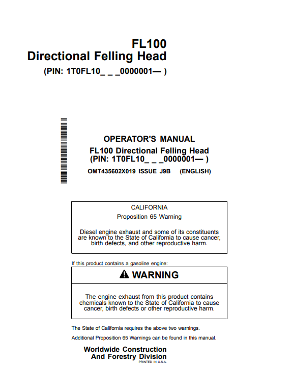 JOHN DEERE FL100 DIRECTIONAL FELLING HEAD OPERATOR MANUAL OMT435602X019