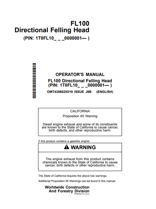 JOHN DEERE FL100 DIRECTIONAL FELLING HEAD OPERATOR MANUAL OMT435602X019