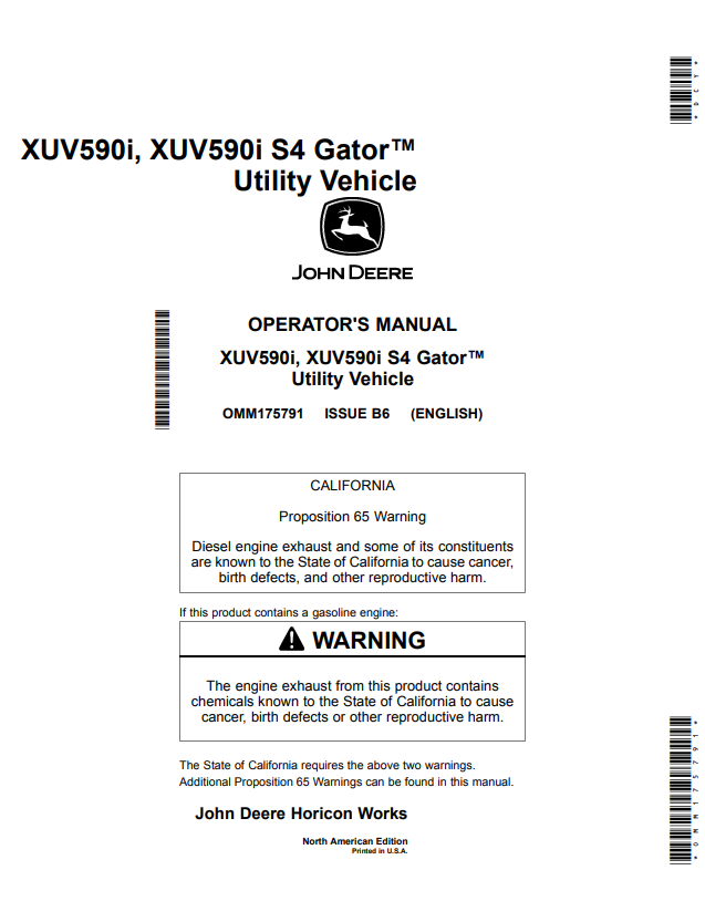 JOHN DEERE XUV590I, XUV590I S4 GATOR™ UTILITY VEHICLE OPERATOR MANUAL OMM175791