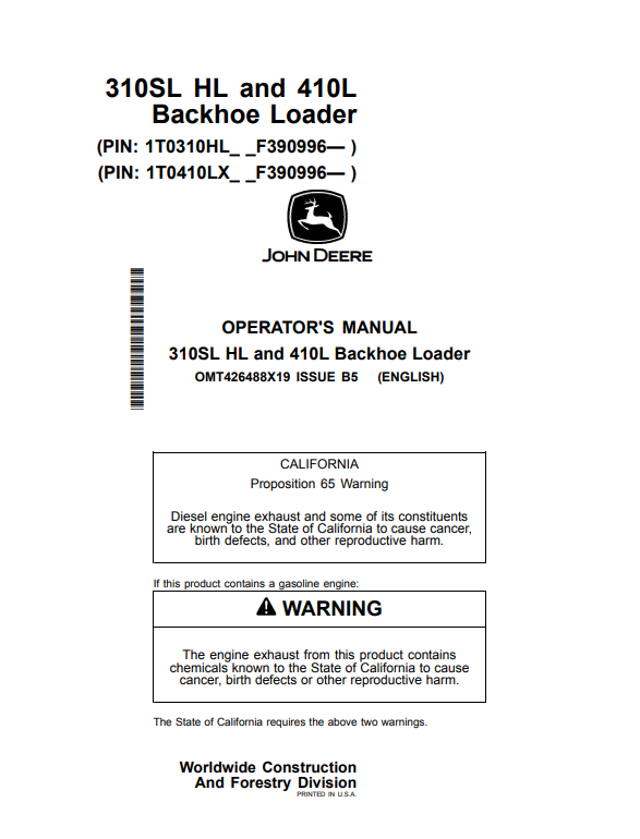 JOHN DEERE 310SL HL AND 410L BACKHOE LOADER OPERATOR MANUAL OMT426488X19