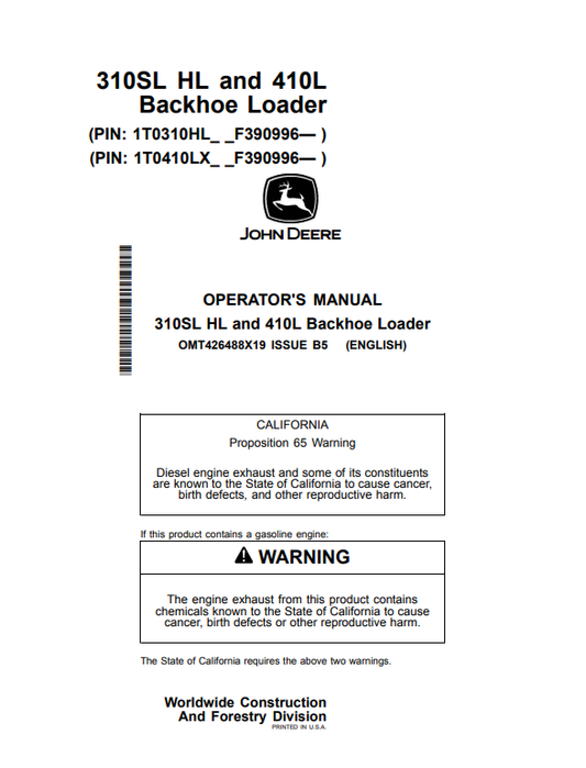 JOHN DEERE 310SL HL AND 410L BACKHOE LOADER OPERATOR MANUAL OMT426488X19