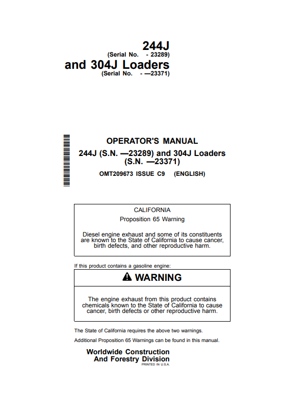 JOHN DEERE 244J AND 304J LOADER OPERATOR MANUAL OMT209673