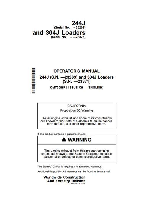 JOHN DEERE 244J AND 304J LOADER OPERATOR MANUAL OMT209673