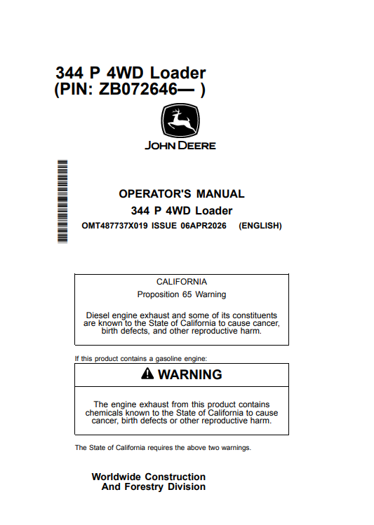 JOHN DEERE 344 P 4WD LOADER OPERATOR MANUAL OMT487737X019
