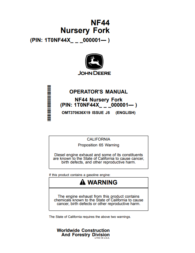 JOHN DEERE NF44 NURSERY FORK OPERATOR MANUAL OMT370636X19
