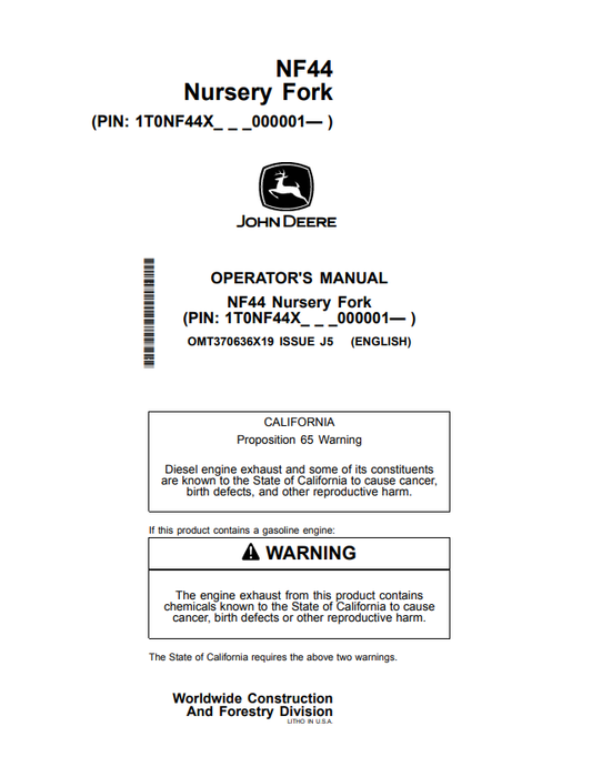 JOHN DEERE NF44 NURSERY FORK OPERATOR MANUAL OMT370636X19