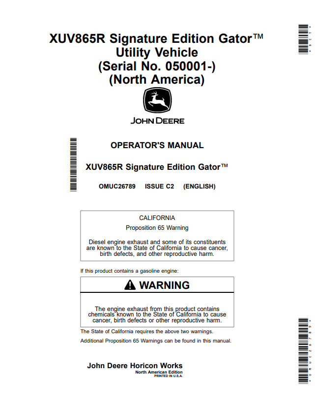 JOHN DEERE XUV865R SIGNATURE EDITION GATOR™ UTILITY VEHICLE OPERATOR MANUAL OMUC26789