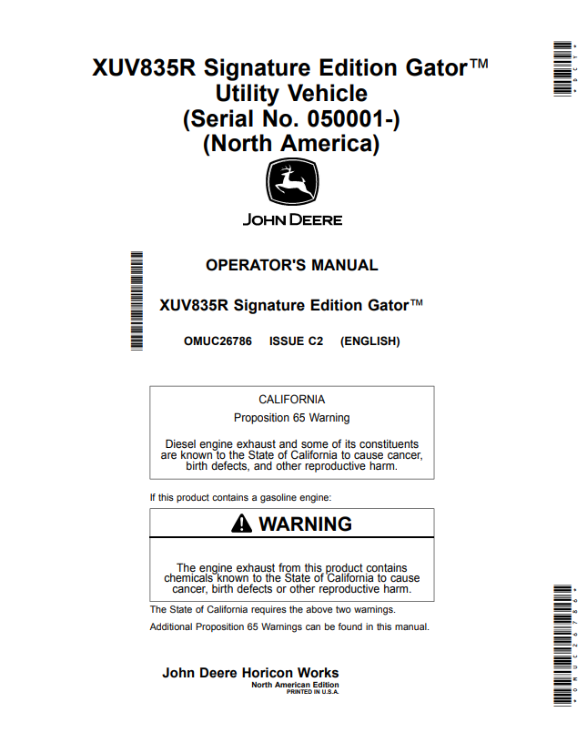 JOHN DEERE XUV835R SIGNATURE EDITION GATOR™ UTILITY VEHICLE OPERATOR MANUAL OMUC26786