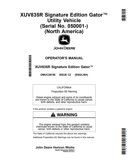JOHN DEERE XUV835R SIGNATURE EDITION GATOR™ UTILITY VEHICLE OPERATOR MANUAL OMUC26786