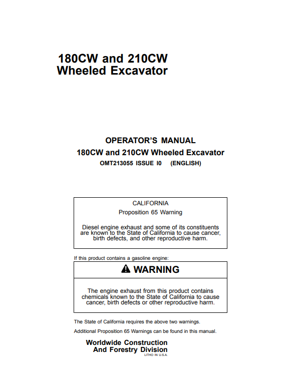 JOHN DEERE 180CW AND 210CW WHEELED EXCAVATOR OPERATOR MANUAL OMT213055