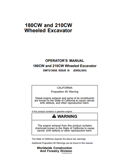 JOHN DEERE 180CW AND 210CW WHEELED EXCAVATOR OPERATOR MANUAL OMT213055
