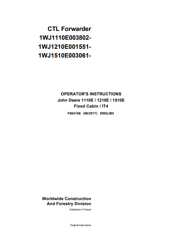 JOHN DEERE 1110E / 1210E / 1510E FIXED CABIN / IT4 OPERATOR MANUAL F684166