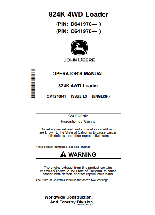 JOHN DEERE 824K 4WD LOADER OPERATOR MANUAL OMT275041