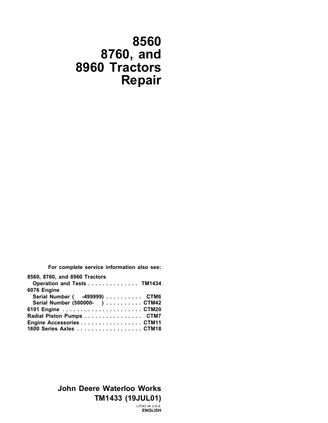 JOHN DEERE 8560, 8760 AND 8960 TRACTOR REPAIR MANUAL TM1433