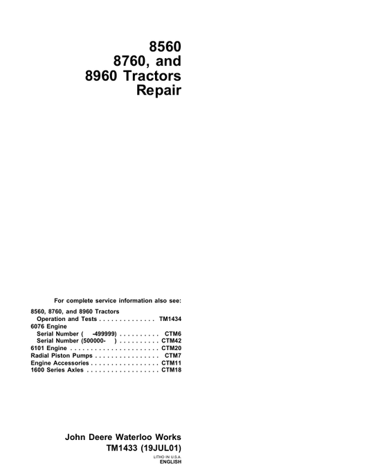 JOHN DEERE 8560, 8760 AND 8960 TRACTOR REPAIR MANUAL TM1433