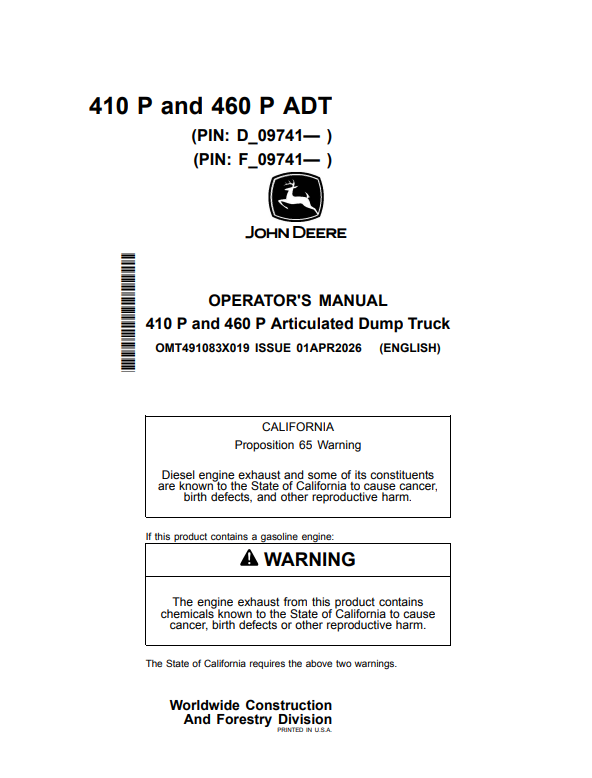 JOHN DEERE 410 P AND 460 P ARTICULATED DUMP TRUCK OPERATOR MANUAL OMT491083X019