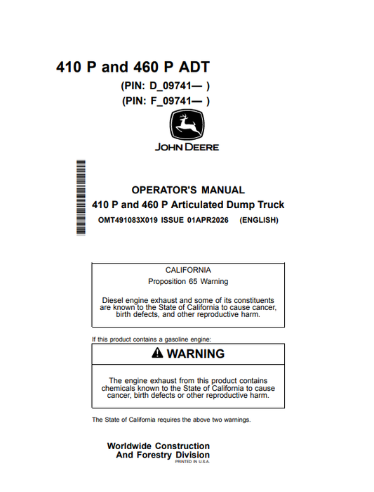 JOHN DEERE 410 P AND 460 P ARTICULATED DUMP TRUCK OPERATOR MANUAL OMT491083X019