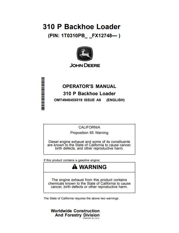 JOHN DEERE 310 P BACKHOE LOADER OPERATOR MANUAL OMT494845X019