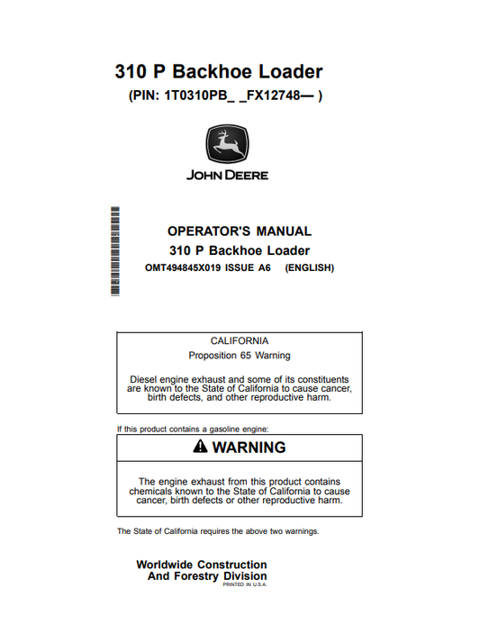 JOHN DEERE 310 P BACKHOE LOADER OPERATOR MANUAL OMT494845X019