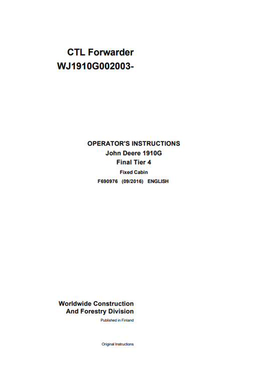 JOHN DEERE 1910G FINAL TIER 4 FIXED CABIN OPERATOR MANUAL F690976