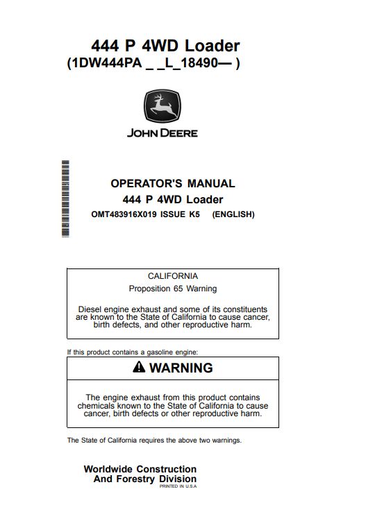 JOHN DEERE 444 P 4WD LOADER OPERATOR MANUAL OMT483916X019