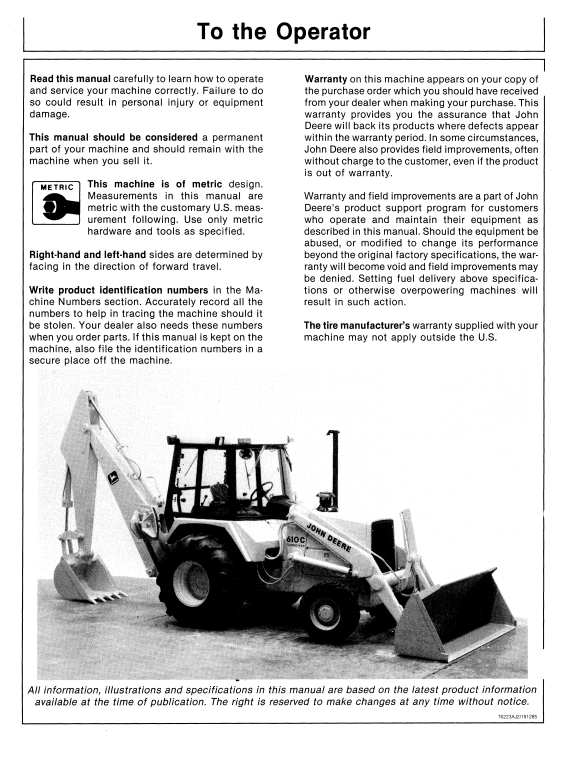 JOHN DEERE 610C BACKHOE LOADER OPERATOR MANUAL OMT105781