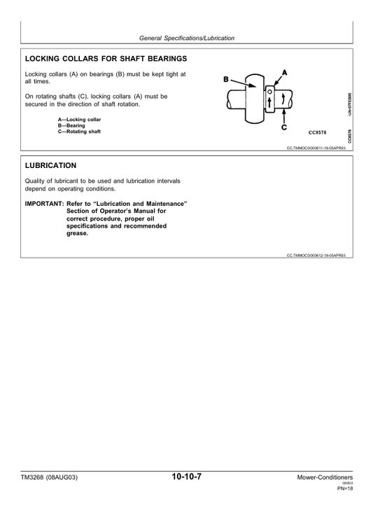 JOHN DEERE 1350, 1360, 1460 AND 1470 MOWER-CONDITIONER TECHNICAL MANUAL TM3268