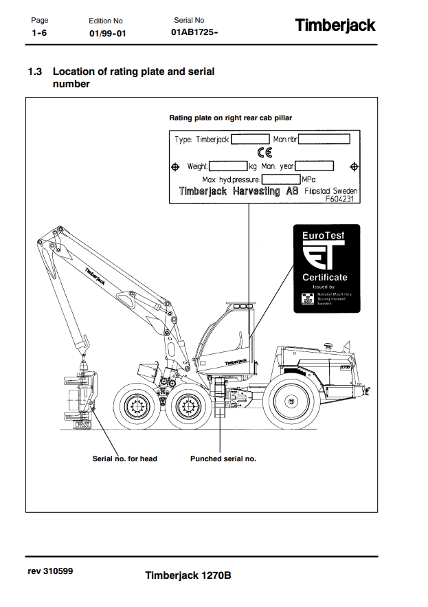 JOHN DEERE 1270B TIMBERJACK OPERATOR AND MAINTENANCE MANUAL F056423