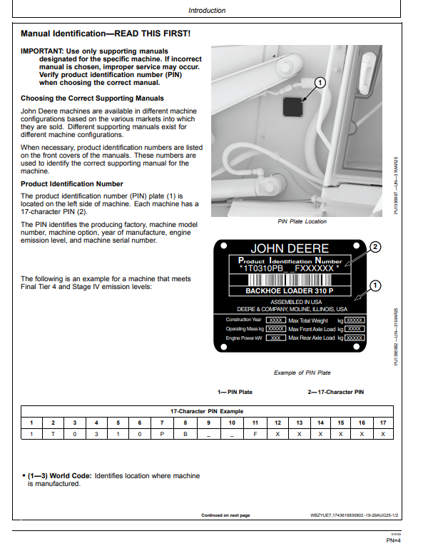 JOHN DEERE 310 P BACKHOE LOADER OPERATOR MANUAL OMT494845X019