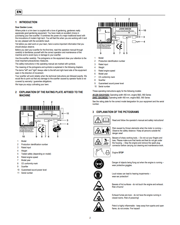 JOHN DEERE 45-220 (SA331520), D45C (SA336520) SCARIFIERS OPERATOR MANUAL SAU16214