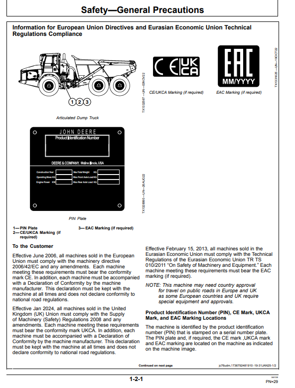 JOHN DEERE 410 P AND 460 P ARTICULATED DUMP TRUCK OPERATOR MANUAL OMT491083X019