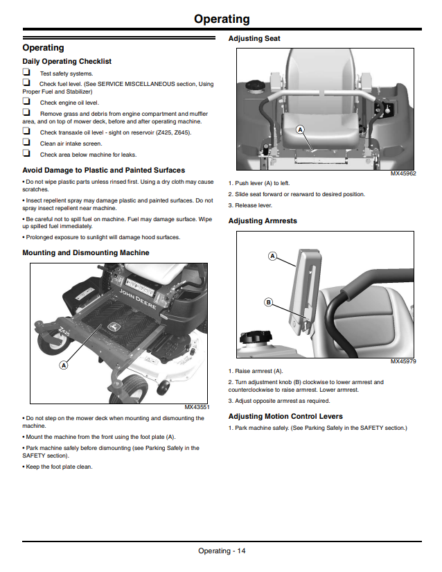 JOHN DEERE Z225, Z425, Z645 EZTRAK OPERATOR MANUAL OMM168435