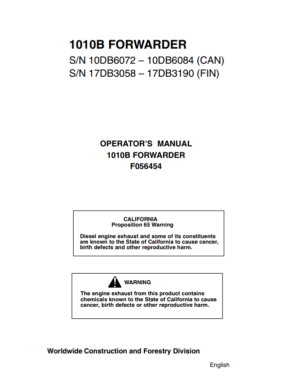 JOHN DEERE 1010B FORWARDER OPERATOR MANUAL F056454