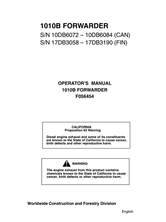 JOHN DEERE 1010B FORWARDER OPERATOR MANUAL F056454