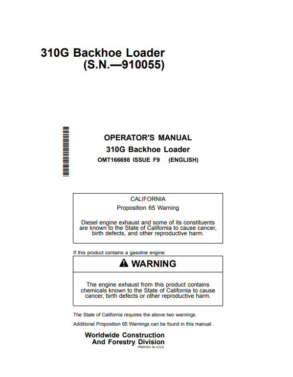 JOHN DEERE 310G BACKHOE LOADER OPERATOR MANUAL OMT166698