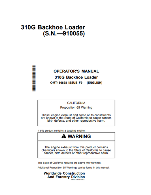 JOHN DEERE 310G BACKHOE LOADER OPERATOR MANUAL OMT166698