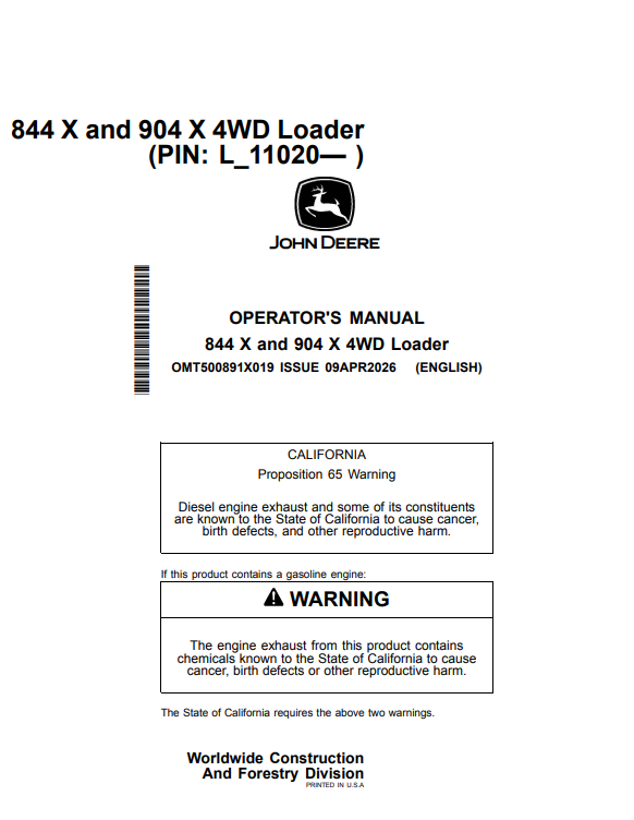 JOHN DEERE 844 X AND 904 X 4WD LOADER OPERATOR MANUAL OMT500891X019