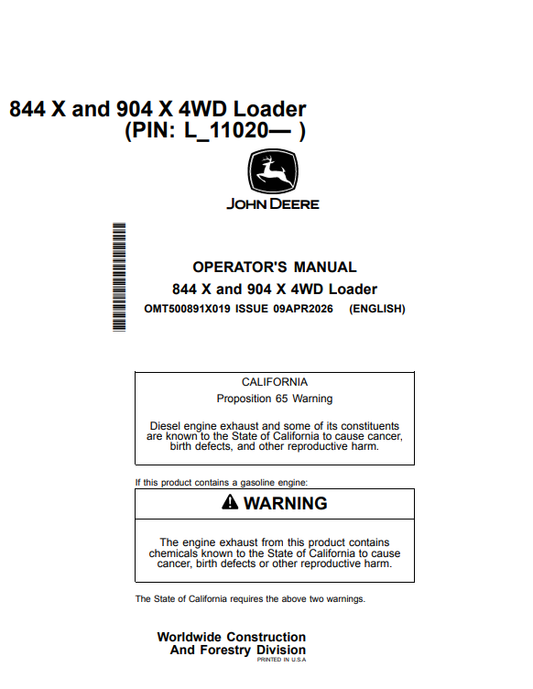 JOHN DEERE 844 X AND 904 X 4WD LOADER OPERATOR MANUAL OMT500891X019