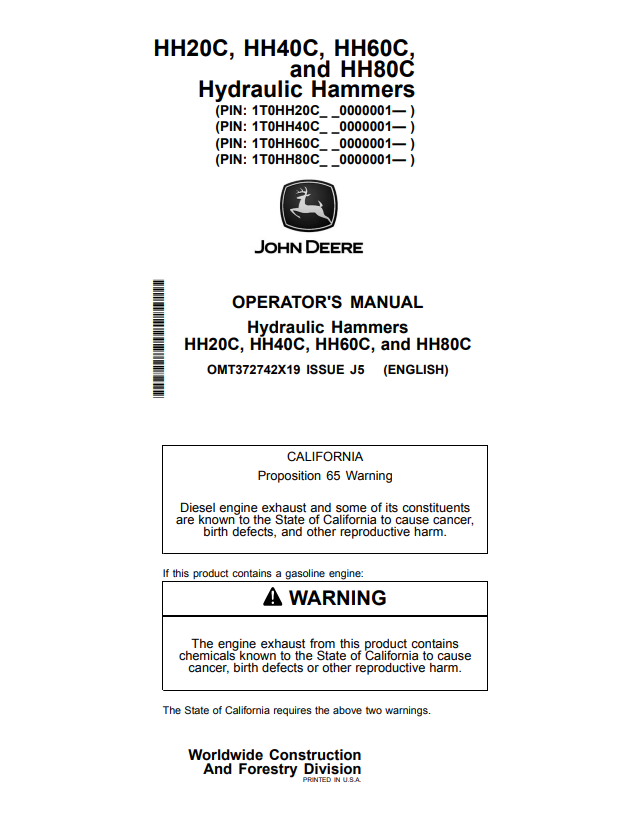 JOHN DEERE HH20C, HH40C, HH60C, AND HH80C HYDRAULIC HAMMER OPERATOR MANUAL OMT372742X19