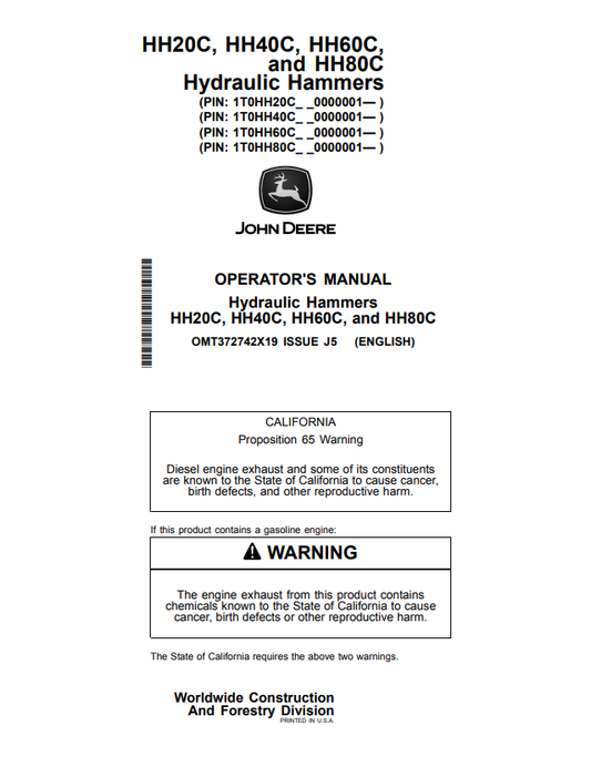 JOHN DEERE HH20C, HH40C, HH60C, AND HH80C HYDRAULIC HAMMER OPERATOR MANUAL OMT372742X19
