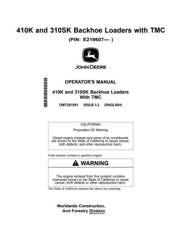 JOHN DEERE 410K AND 310SK BACKHOE LOADER WITH TMC OPERATOR MANUAL OMT281951