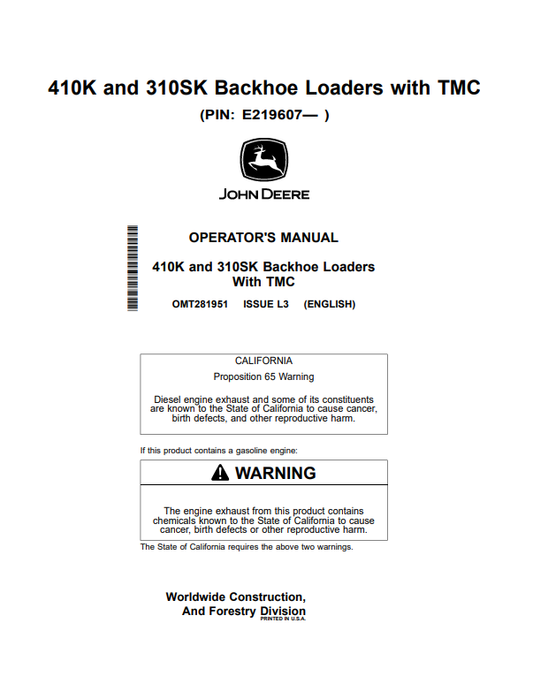JOHN DEERE 410K AND 310SK BACKHOE LOADER WITH TMC OPERATOR MANUAL OMT281951