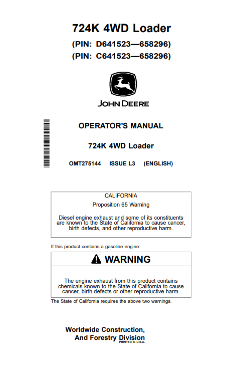 JOHN DEERE 724K 4WD LOADER OPERATOR MANUAL OMT275144