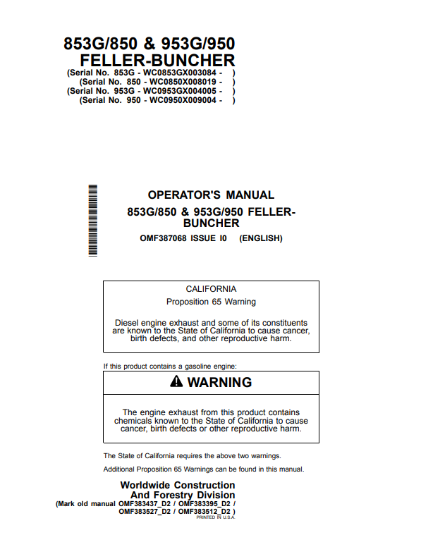 JOHN DEERE 853G/850 &amp; 953G/950 FELLERBUNCHER OPERATOR MANUAL OMF387068