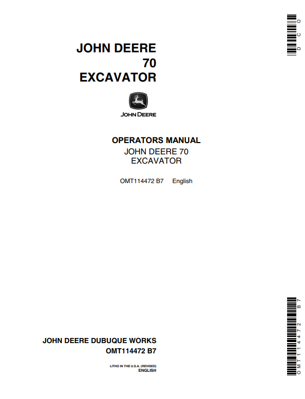 JOHN DEERE 70 EXCAVATOR OPERATOR MANUAL OMT114472
